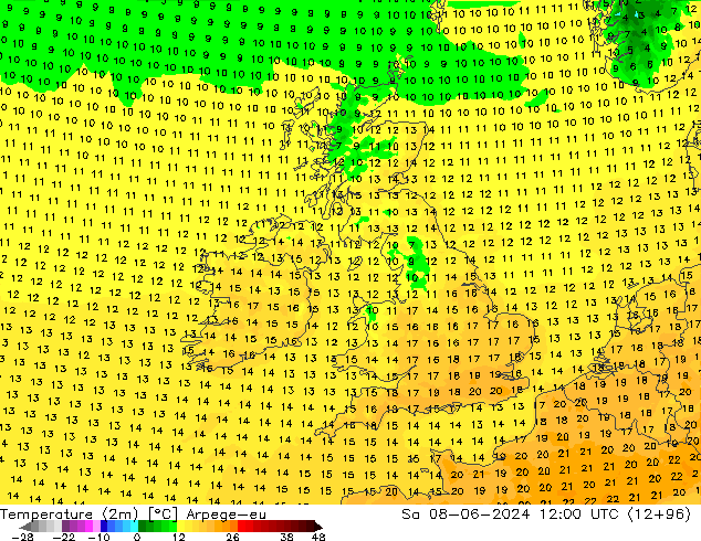 Temperature (2m) Arpege-eu Sa 08.06.2024 12 UTC