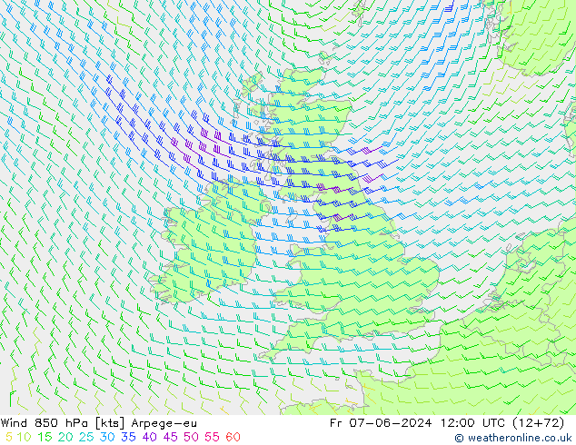 Wind 850 hPa Arpege-eu Pá 07.06.2024 12 UTC