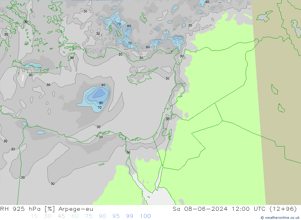 RH 925 hPa Arpege-eu so. 08.06.2024 12 UTC