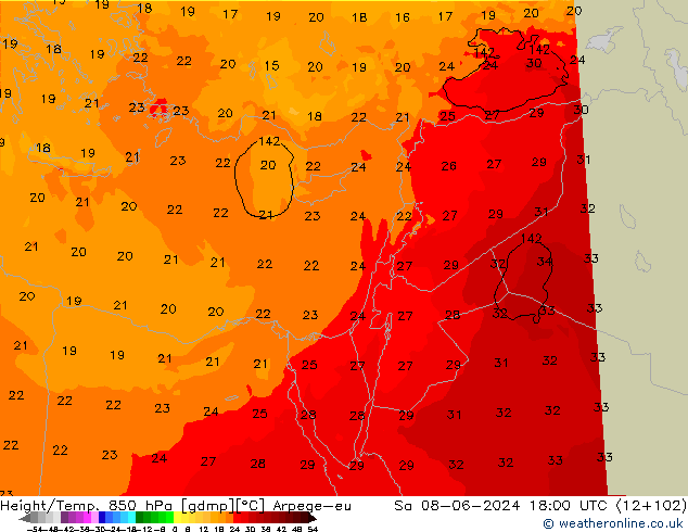 Hoogte/Temp. 850 hPa Arpege-eu za 08.06.2024 18 UTC