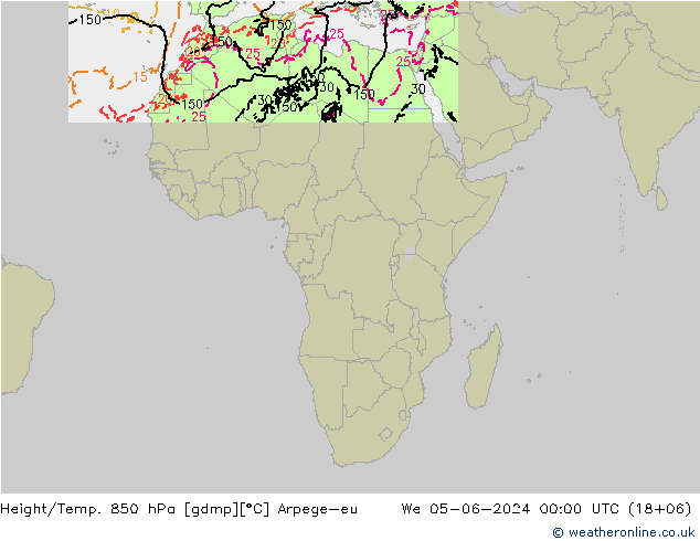 Geop./Temp. 850 hPa Arpege-eu mié 05.06.2024 00 UTC