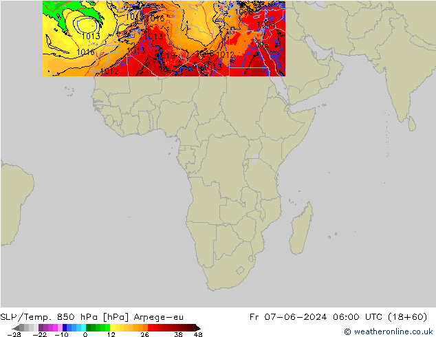 SLP/Temp. 850 hPa Arpege-eu vr 07.06.2024 06 UTC