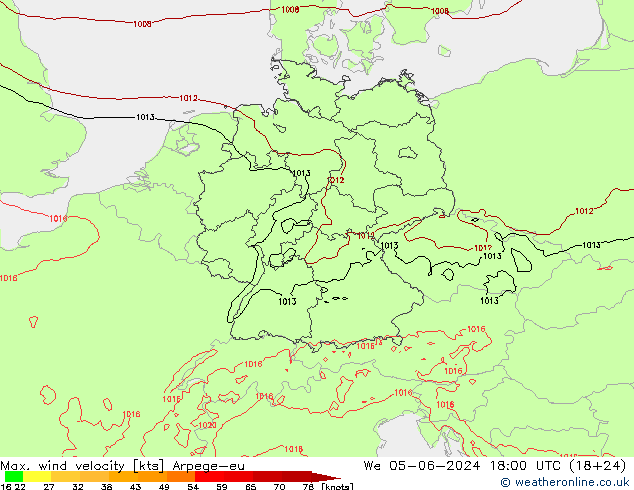 Max. wind velocity Arpege-eu mié 05.06.2024 18 UTC