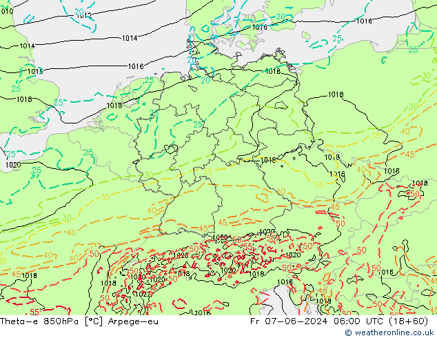 Theta-e 850hPa Arpege-eu vie 07.06.2024 06 UTC