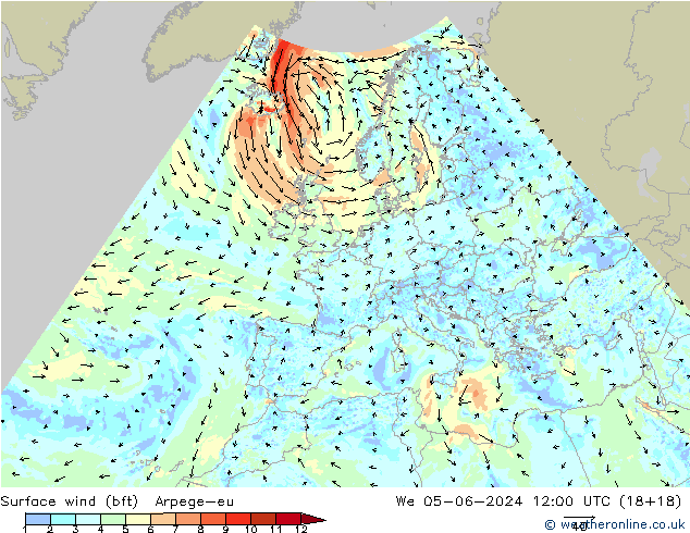 Surface wind (bft) Arpege-eu St 05.06.2024 12 UTC