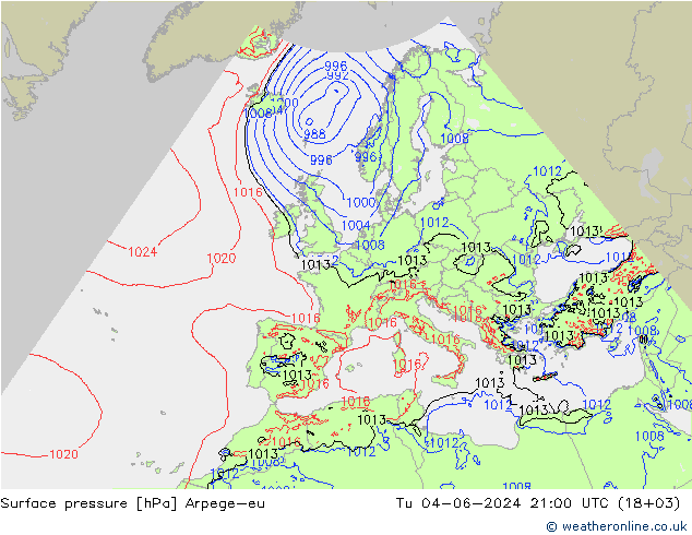 Atmosférický tlak Arpege-eu Út 04.06.2024 21 UTC