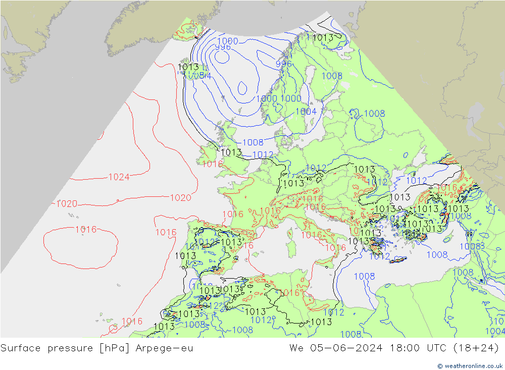 地面气压 Arpege-eu 星期三 05.06.2024 18 UTC