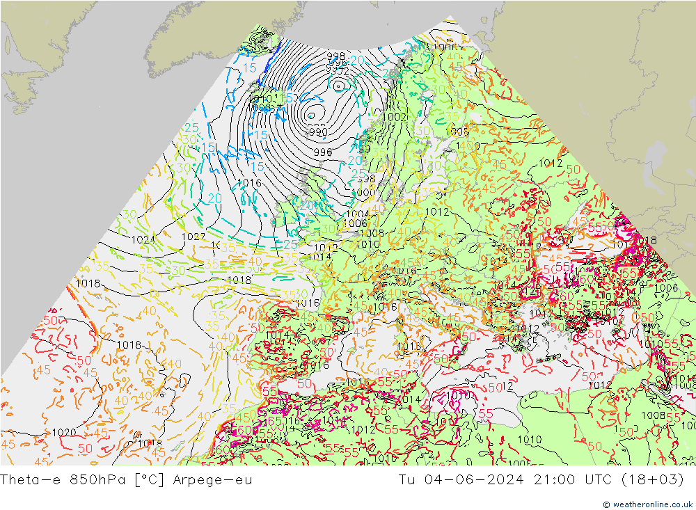 Theta-e 850hPa Arpege-eu di 04.06.2024 21 UTC