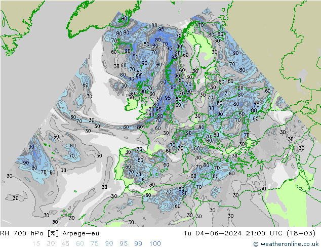 RH 700 hPa Arpege-eu Út 04.06.2024 21 UTC