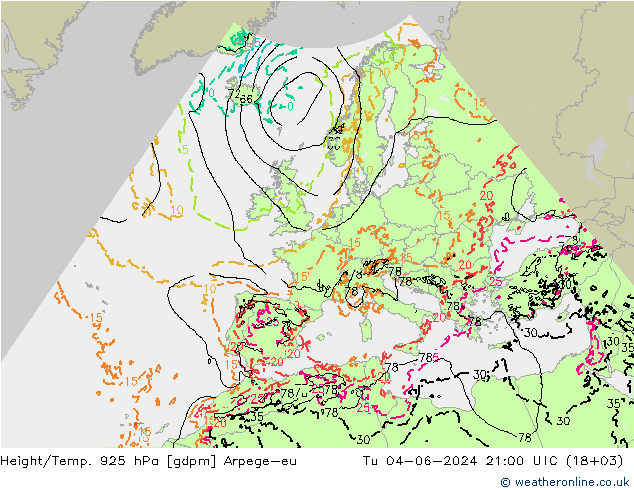 Géop./Temp. 925 hPa Arpege-eu mar 04.06.2024 21 UTC