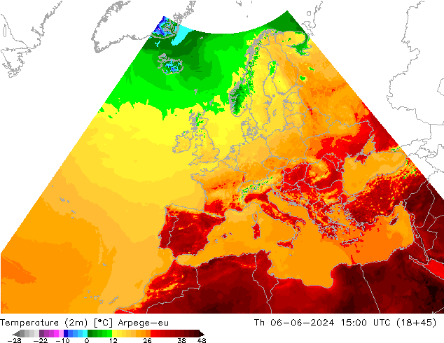 température (2m) Arpege-eu jeu 06.06.2024 15 UTC