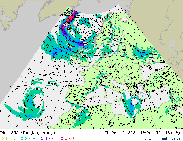 ветер 850 гПа Arpege-eu чт 06.06.2024 18 UTC