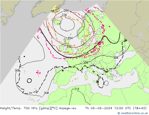 Height/Temp. 700 hPa Arpege-eu Th 06.06.2024 12 UTC