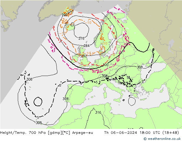 Height/Temp. 700 гПа Arpege-eu чт 06.06.2024 18 UTC