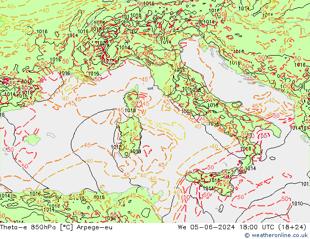 Theta-e 850hPa Arpege-eu mer 05.06.2024 18 UTC