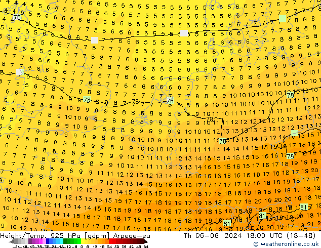 Height/Temp. 925 hPa Arpege-eu Qui 06.06.2024 18 UTC