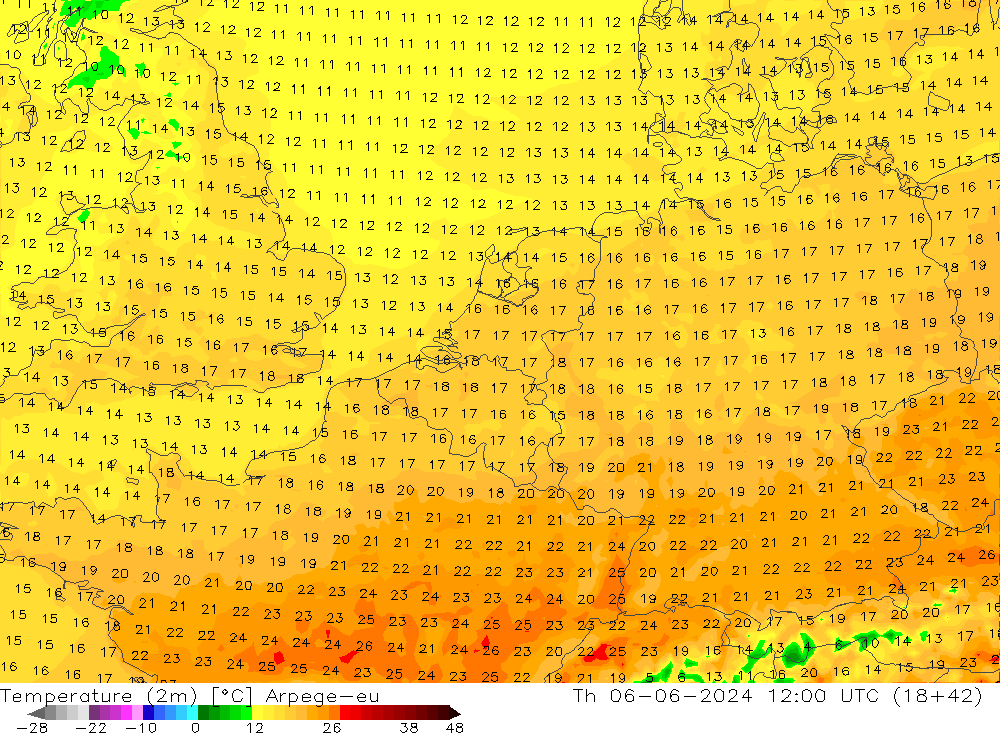 température (2m) Arpege-eu jeu 06.06.2024 12 UTC