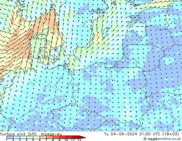wiatr 10 m (bft) Arpege-eu wto. 04.06.2024 21 UTC