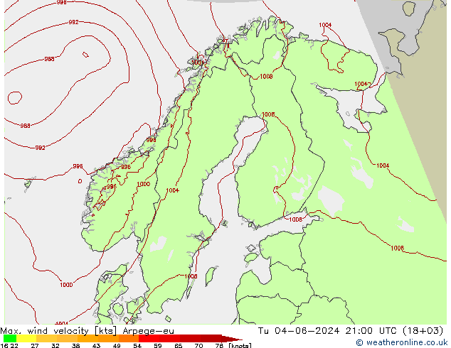 Max. wind velocity Arpege-eu Tu 04.06.2024 21 UTC