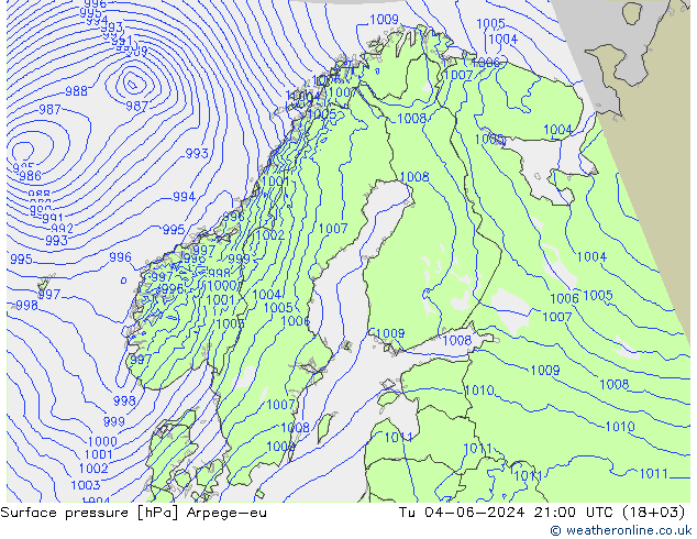 Atmosférický tlak Arpege-eu Út 04.06.2024 21 UTC