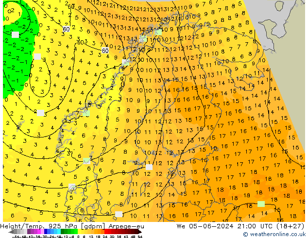 Height/Temp. 925 hPa Arpege-eu Mi 05.06.2024 21 UTC