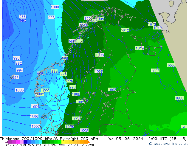 Thck 700-1000 гПа Arpege-eu ср 05.06.2024 12 UTC