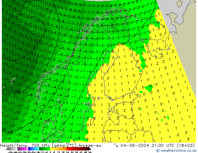 Height/Temp. 700 hPa Arpege-eu 星期二 04.06.2024 21 UTC