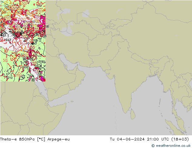 Theta-e 850hPa Arpege-eu Tu 04.06.2024 21 UTC