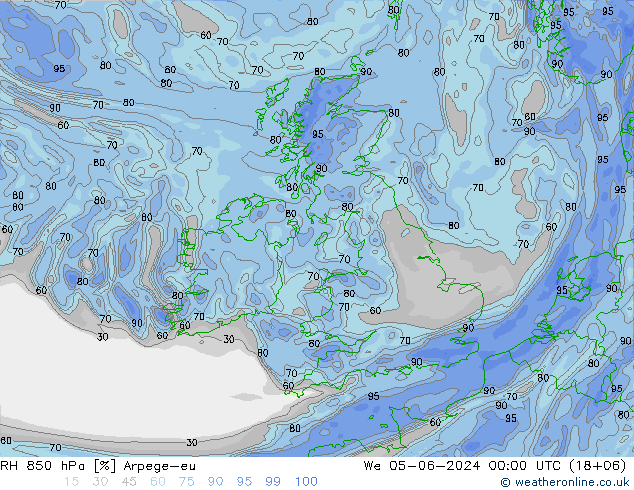 RH 850 hPa Arpege-eu śro. 05.06.2024 00 UTC