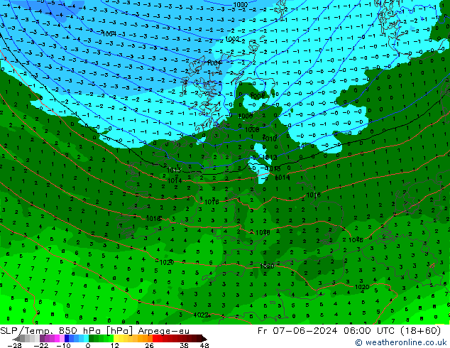 SLP/Temp. 850 hPa Arpege-eu vr 07.06.2024 06 UTC