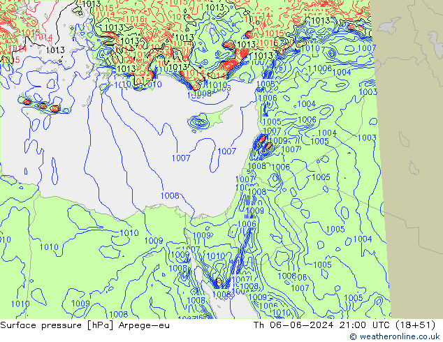 Atmosférický tlak Arpege-eu Čt 06.06.2024 21 UTC