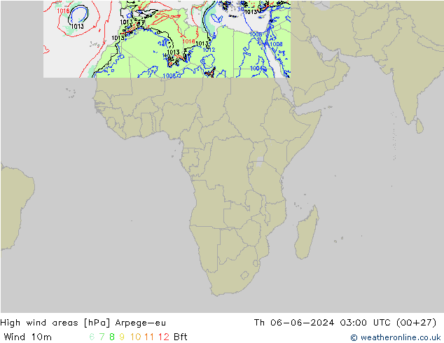 High wind areas Arpege-eu Th 06.06.2024 03 UTC