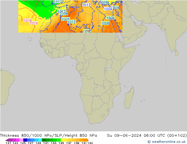 Dikte 850-1000 hPa Arpege-eu zo 09.06.2024 06 UTC