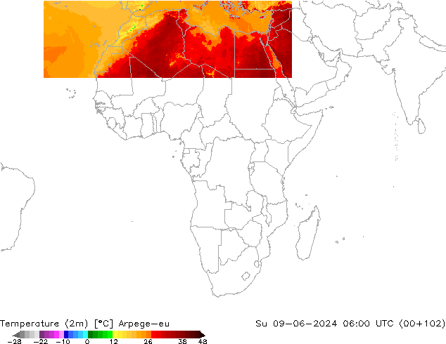 Sıcaklık Haritası (2m) Arpege-eu Paz 09.06.2024 06 UTC