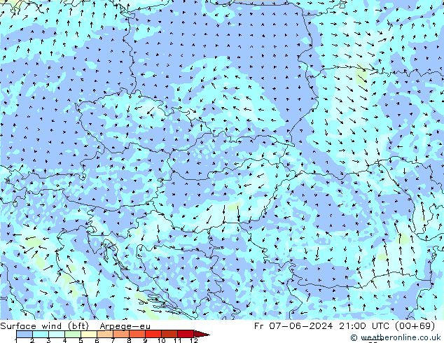 Wind 10 m (bft) Arpege-eu vr 07.06.2024 21 UTC