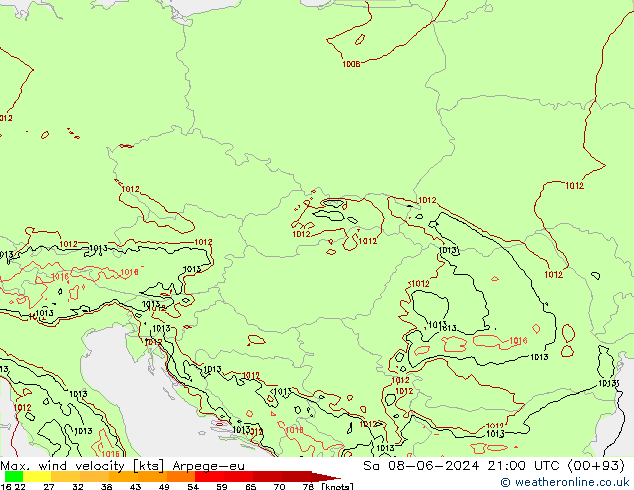 Max. wind velocity Arpege-eu Sa 08.06.2024 21 UTC