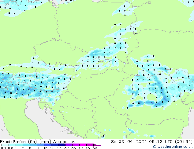 Precipitazione (6h) Arpege-eu sab 08.06.2024 12 UTC