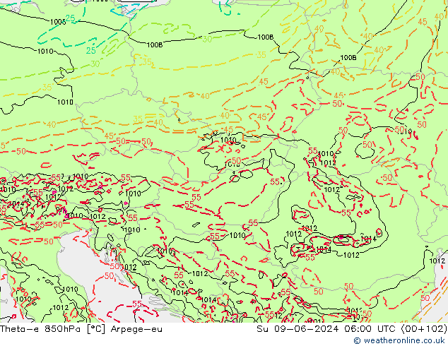 Theta-e 850hPa Arpege-eu dom 09.06.2024 06 UTC