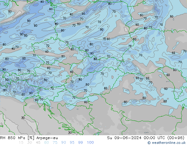 Humedad rel. 850hPa Arpege-eu dom 09.06.2024 00 UTC