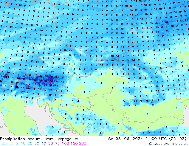 Precipitation accum. Arpege-eu Sa 08.06.2024 21 UTC