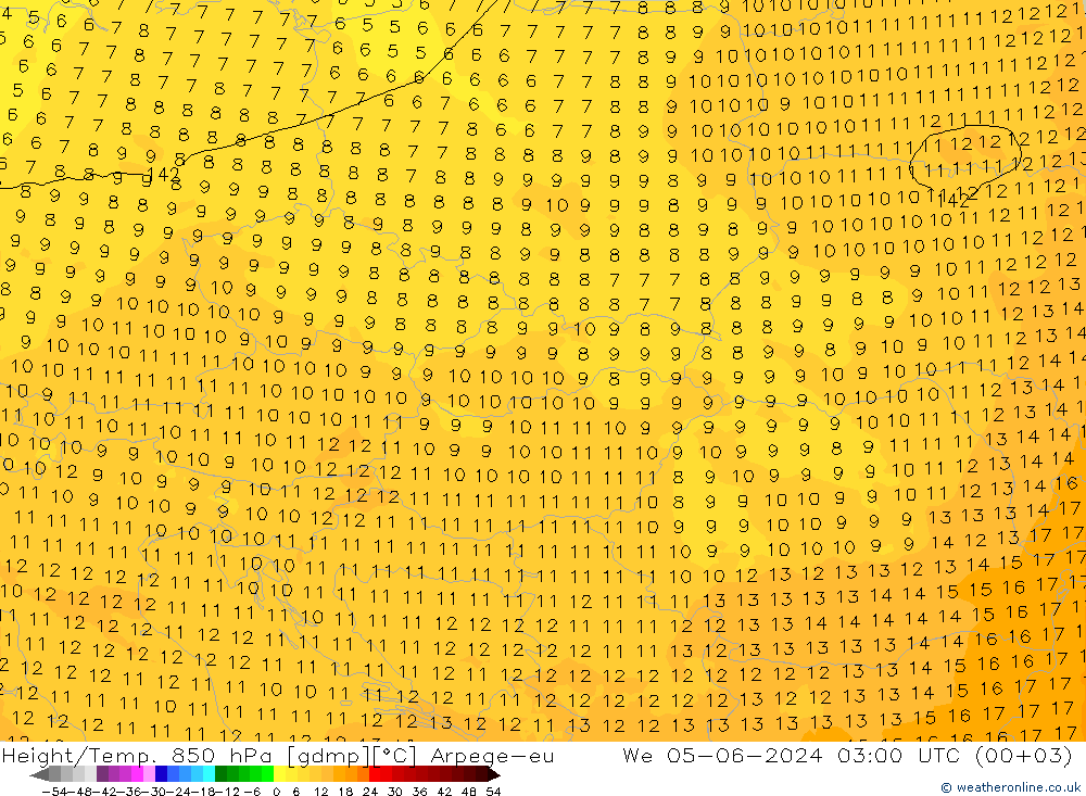 Hoogte/Temp. 850 hPa Arpege-eu wo 05.06.2024 03 UTC