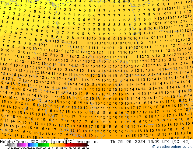 Height/Temp. 850 hPa Arpege-eu czw. 06.06.2024 18 UTC