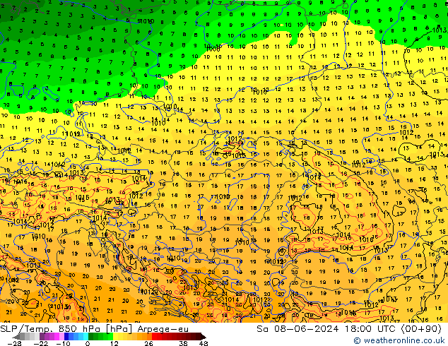 SLP/Temp. 850 hPa Arpege-eu za 08.06.2024 18 UTC