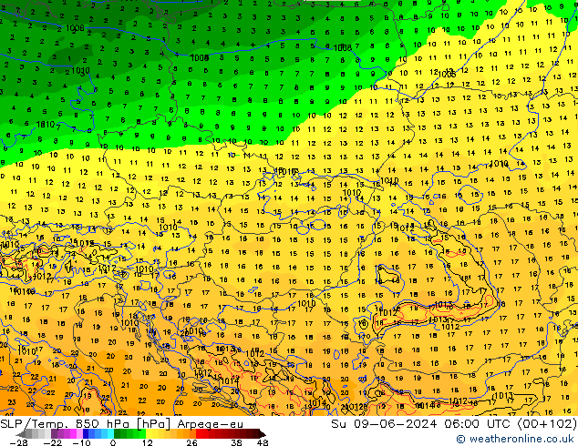 SLP/Temp. 850 hPa Arpege-eu Dom 09.06.2024 06 UTC