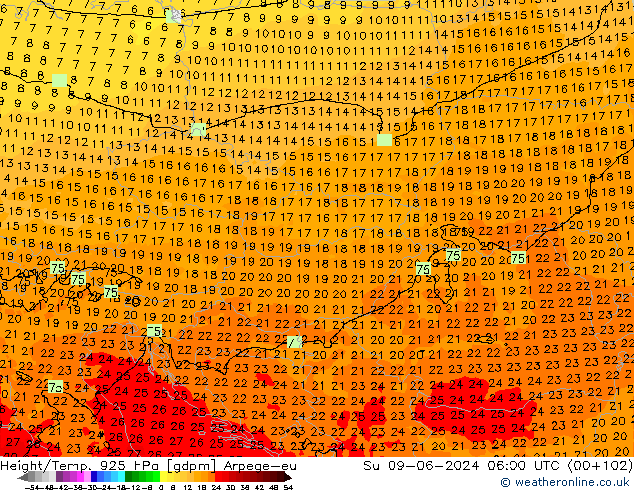 Geop./Temp. 925 hPa Arpege-eu dom 09.06.2024 06 UTC