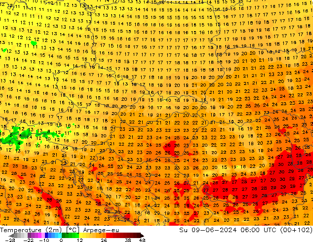 Temperature (2m) Arpege-eu Su 09.06.2024 06 UTC