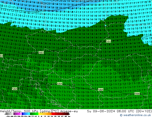 Height/Temp. 500 гПа Arpege-eu Вс 09.06.2024 06 UTC