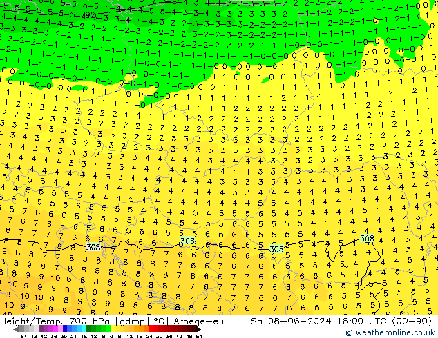 Height/Temp. 700 hPa Arpege-eu Sa 08.06.2024 18 UTC