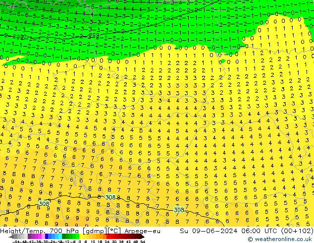 Height/Temp. 700 hPa Arpege-eu Dom 09.06.2024 06 UTC