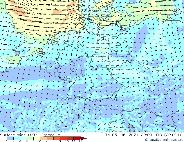 Surface wind (bft) Arpege-eu Čt 06.06.2024 00 UTC